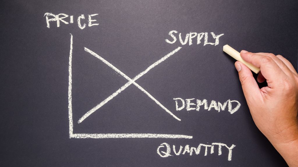 A chalkboard illustration showing price, quantity, and supply/demand trends highlights the role of a cannabis consultant in aligning cannabis cultivation strategies with real-time cannabis market demand.