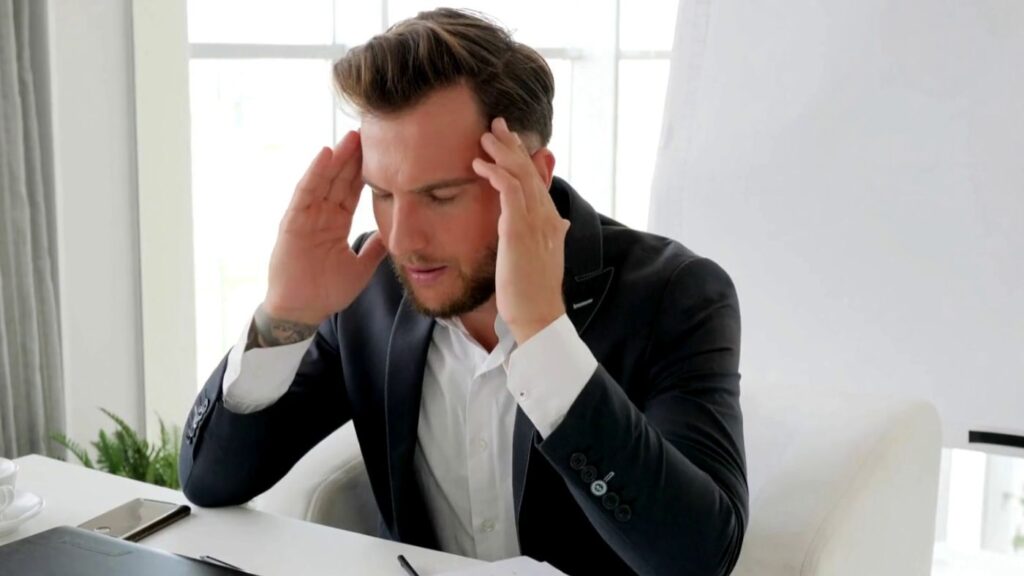 Professional overwhelmed by cannabis startup costs, sitting at desk reviewing cannabis facility build-out expenses and working capital needs.