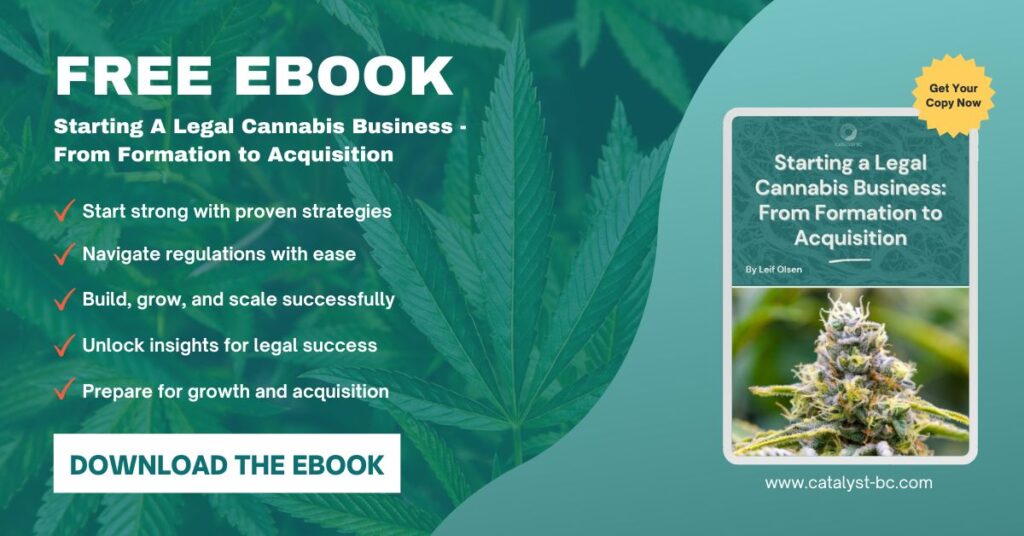 Banner promoting free eBook on how to start a cannabis business from licensing to acquisition