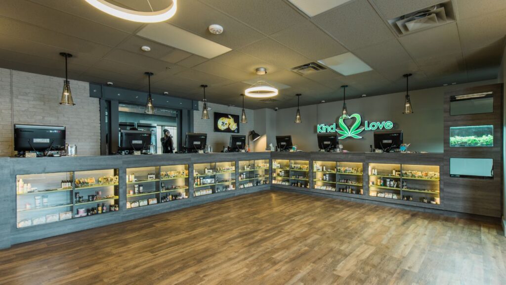 Interior of Kind Love retail dispensary featuring multiple budtender stations and an open, modern floor plan.