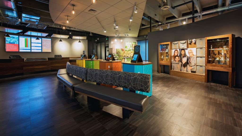 Interior of a modern, clean licensed cannabis dispensary after construction is complete.