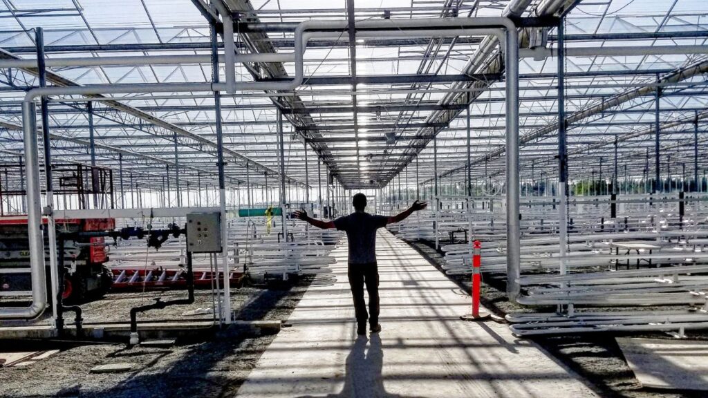 Michael Williamson of Catalyst BC in the aisle of a Virginia cannabis cultivation facility under construction.